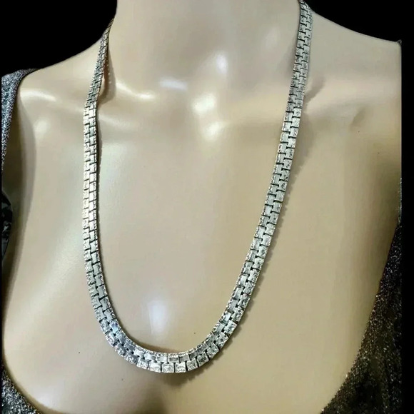 Vintage Silver Tone Textured Chain Link Glam Necklace Statement Piece 24” - Picture 1 of 7
